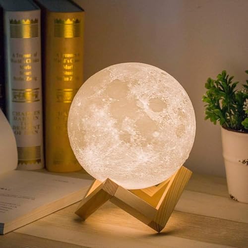 3D Printed Moon Lamp Night Light with Wooden Base, Rechargeable Touch Lamp