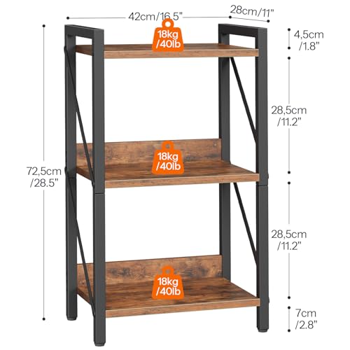 3-Tier Industrial Bookshelf with Metal Frame, Rustic Brown Storage Organizer