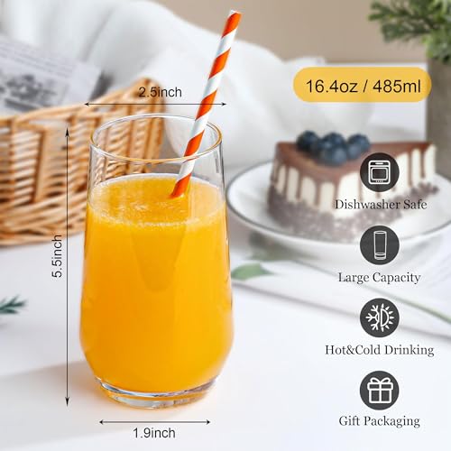 Tall 16 oz Crystal Clear Water Glasses Set of 6 - Lead-Free, Elegant Drinkware