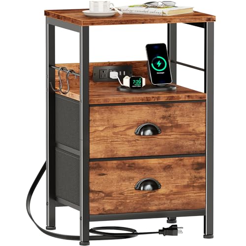 Industrial Nightstand with Charging Station, 2 Fabric Drawers & USB Ports