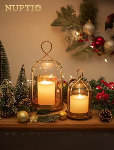 NUPTIO Glass Lanterns with Dome Shade - Gold Hurricane Candle Holders for Outdoor & Indoor Decor
