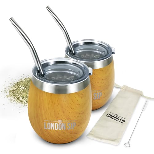 London Sip Yerba Mate Cup & Bombilla Set with 2 Burl Wood Gourds, Spill-Resistant Lids & Accessories