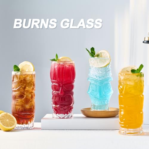 Set of 4 Clear Tiki Glasses, 16 Oz Tropical Cocktail Tumblers for Barware