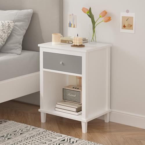 Kids Wooden Nightstand with Drawer and Shelf, 26-Inch Bedside End Table