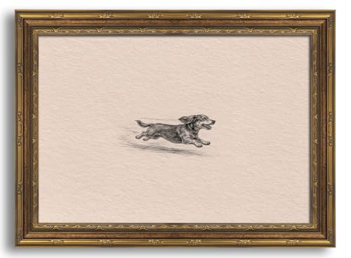 Gold Framed Running Dog Wall Art Vintage Sketch Canvas 9x11 Inch