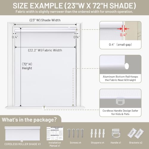Cordless Blackout Roller Shades 23" W x 72" H - White