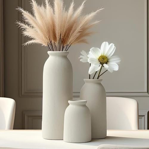 Ceramic Vase Set of 3 - Distressed Beige Vases for Pampas Grass & Decor