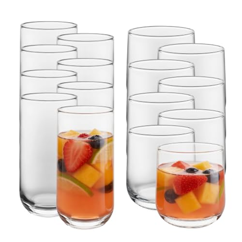 16-Piece Clear Glass Drinking Glasses Set - Tumblers & Rocks Glasses