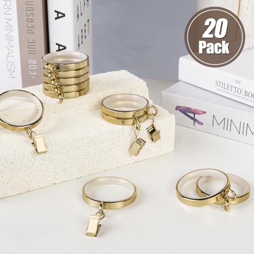 20 Pack Gold Curtain Rings with Clips, Silent Glide Drapery Rings 2 Inch