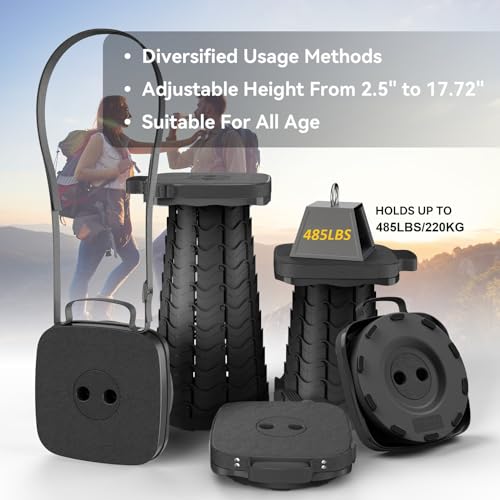 Portable Folding Stool, Telescoping Collapsible Seat - 485lb Capacity, Black
