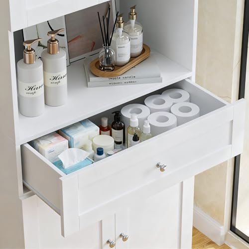 Tall Bathroom Storage Cabinet with Drawer and Shelves, 67-Inch White Linen Tower