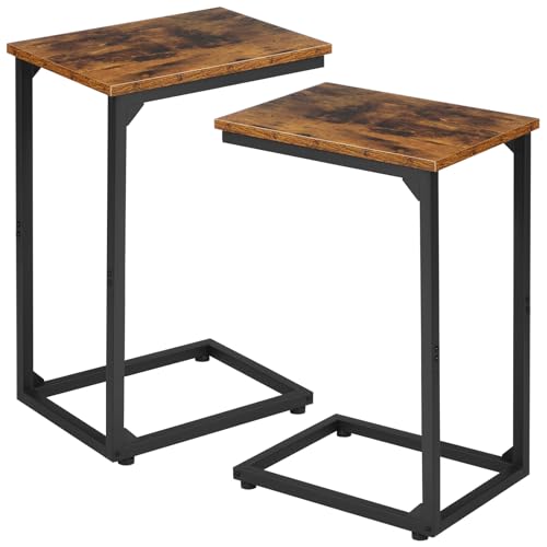 C-Shaped End Table Set of 2 - Sliding Couch Side Table & TV Tray, Rustic Brown