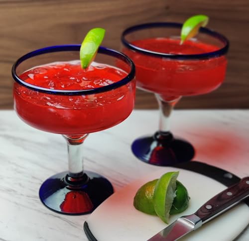 Set of 4 Mexican Hand Blown Margarita Glasses - Cobalt Blue Rim, 14 oz