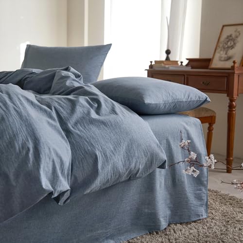 100% Washed Cotton Queen Duvet Cover Set - 3-Piece Bedding, Denim Blue