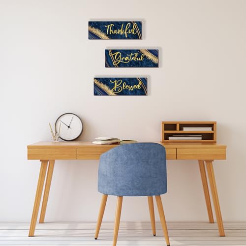 3-Piece Blue and Gold Wall Decor - Thankful Grateful Blessed Art Set