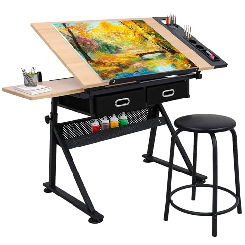 Adjustable Drafting Desk and Stool Set with Tiltable Tabletop and Drawers
