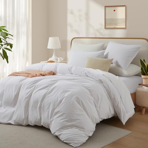100% Washed Cotton Queen Duvet Cover Set - 3-Piece Soft Breathable Bedding