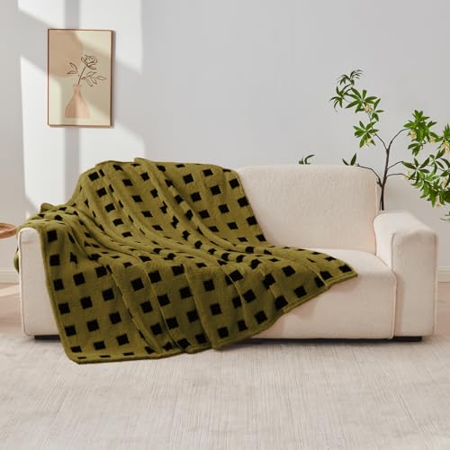 King Size Fuzzy Blanket 320GSM Olive Green Plaid Throw - 108x90 Inches