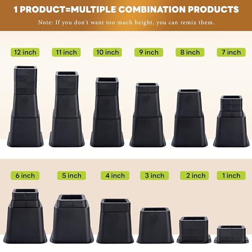 Adjustable Bed Risers, 4 Pack - Heavy Duty 3 to 12 Inch Height