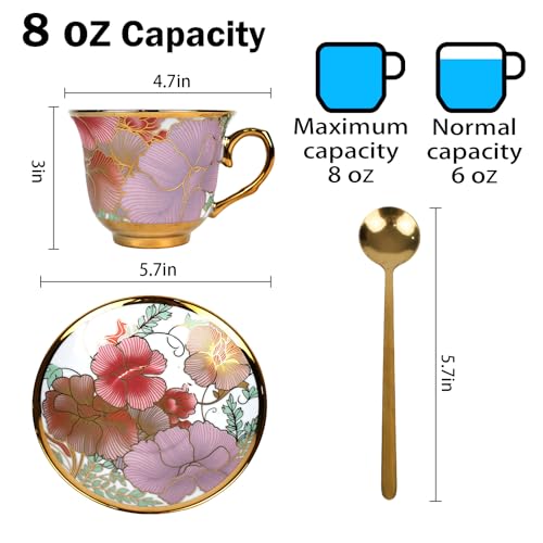Qetoosur 6-Piece Vintage Floral Ceramic Tea Cup & Saucer Set, 8 OZ for Coffee & Tea