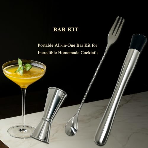 Stainless Steel Cocktail Muddler & Bar Spoon Set with Measuring Jigger