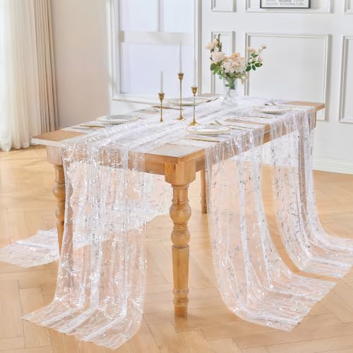 White Silver 3-Piece 29x120 Inch Metallic Foil Tulle Table Runners for Weddings & Parties