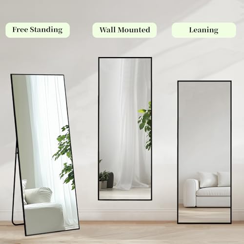 Full Length Floor Mirror 56x16 Inch, Matte Black Aluminum Metal Frame