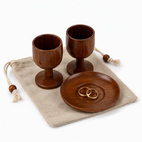 Wooden Communion Wedding Set with 2 Chalice Goblets, Wafer Tray & Linen Bag