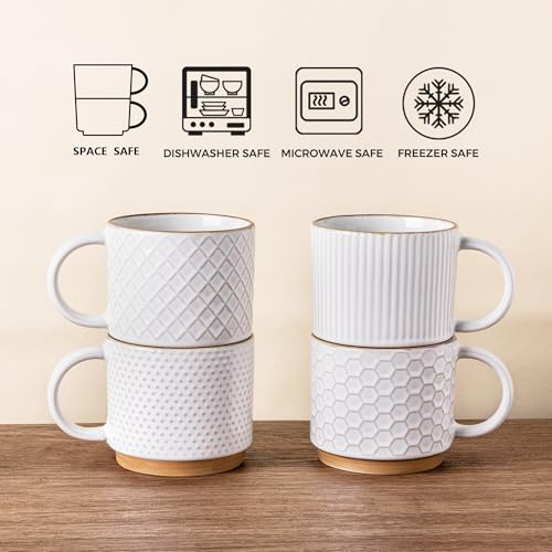 Off-White 12 OZ Stackable Ceramic Coffee Mugs Set of 4 | GBhome