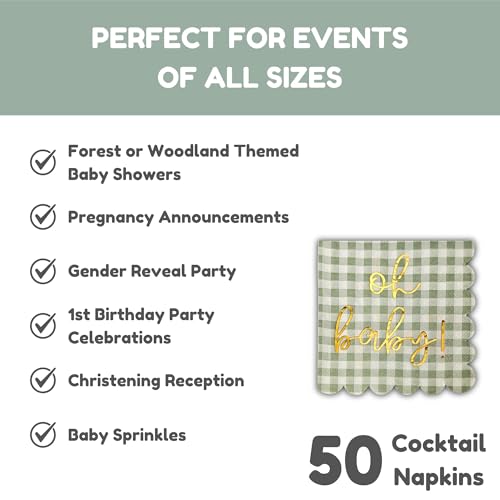 Sage Green and Gold Foil Baby Shower Napkins - 50 Pack 'Oh Baby' Decorations