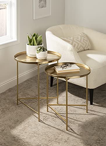 Modern Nesting Side Table Set of 2, Gold Metal Tray End Tables