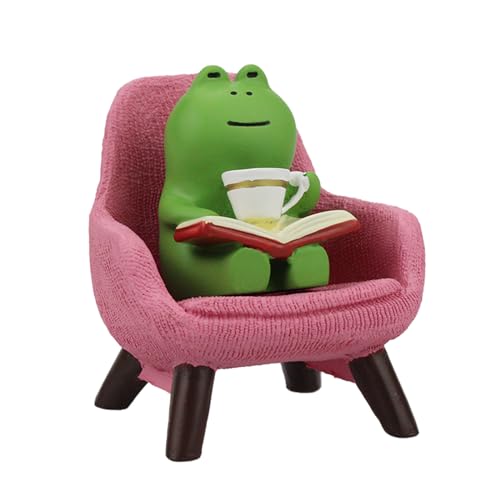 Miniature Frog Reading on Pink Sofa Resin Figurine Desk Decor