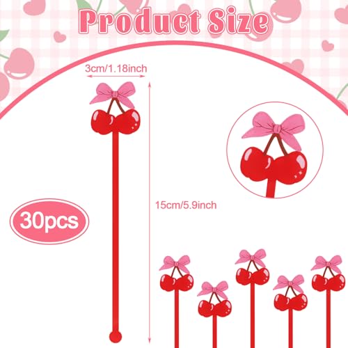 Pink Bow Cherry Cocktail Stirrer Set - 30 Reusable Swizzle Sticks for Drinks & Parties