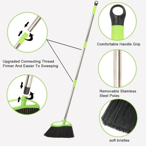 Soft Bristle Angled Indoor Broom with Long Handle for Hardwood Floors