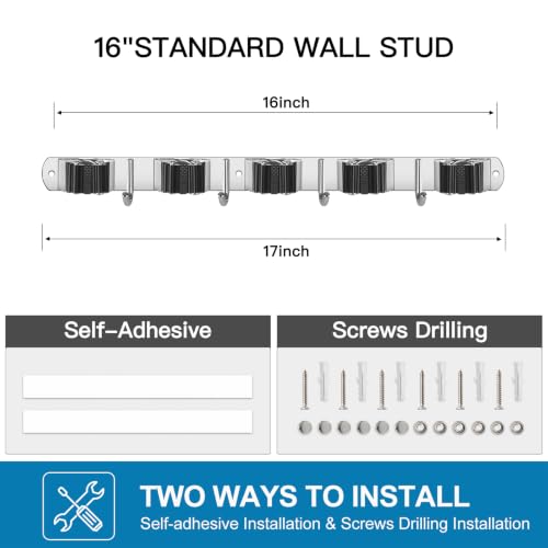 IMILLET 2 Pack Stainless Steel Wall Mount Broom & Mop Organizer with 4 Hooks, Heavy Duty Garage Storage