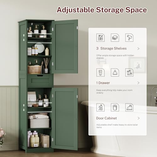 Tall Narrow Bathroom Storage Cabinet with 2 Doors and 1 Drawer, Forest Green