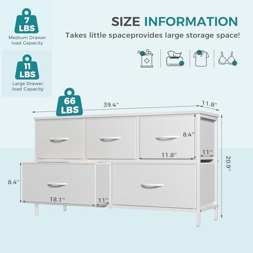 OLIXIS White 5-Drawer Dresser Chest with Wooden Top and Fabric Bins