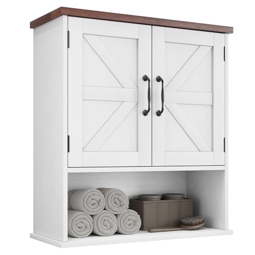 Small White Bathroom Wall Cabinet with Barn Doors - Farmhouse Style, Adjustable Shelf, Waterproof Storage