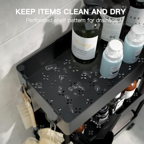 3-Tier Slim Rolling Storage Cart with Wheels & Hooks for Narrow Spaces, Black