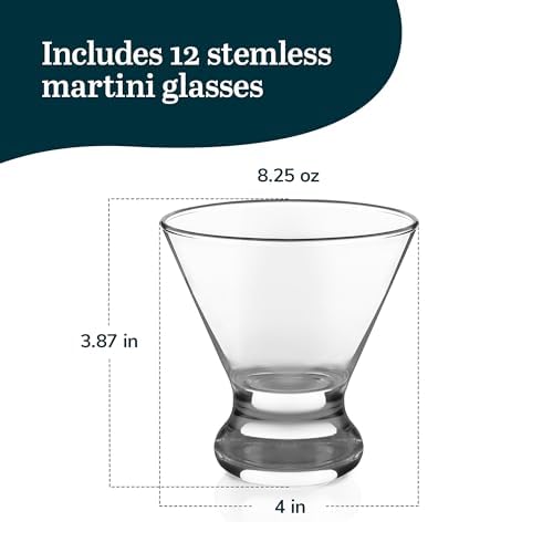 Stemless Martini Glasses Set - 8.25 oz Cocktail Cups, 12-Piece Glassware Set