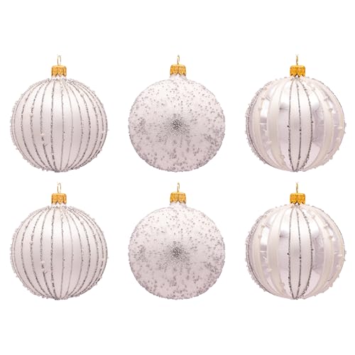 Luxury Frosted 80mm Mouth-Blown European Glass Christmas Ball Ornaments Set of 6 - Silver & White Frosted Luxe