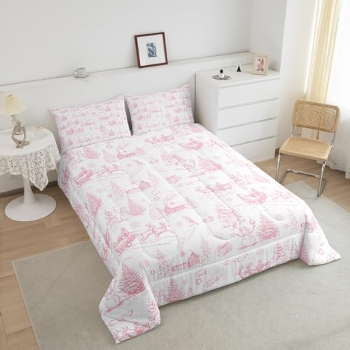Castle Fairy Pink White Sketch Full Size Christmas Comforter Set with 2 Pillowcases, 79x90