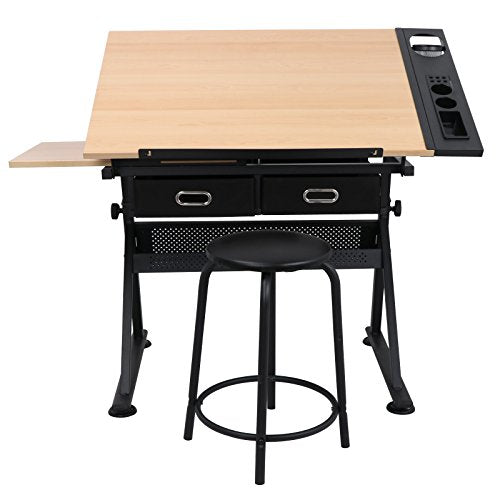 Adjustable Drafting Desk and Stool Set with Tiltable Tabletop and Drawers