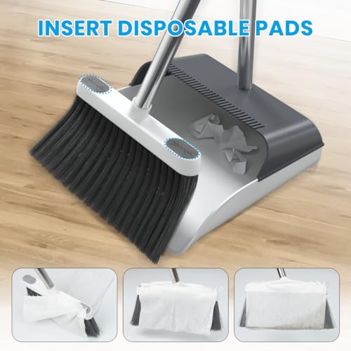 Stand Up Dustpan and Broom Set - 50" Ergonomic Long Handle Broom with Comb