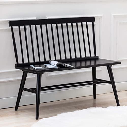 Farmhouse Windsor Entryway Bench, Black Rubber Wood Dining Bench