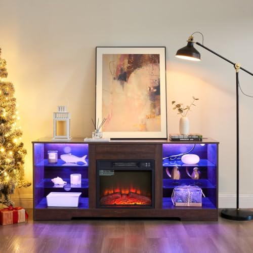 Fireplace TV Stand for 65 Inch TVs with LED Lights and Power Outlets