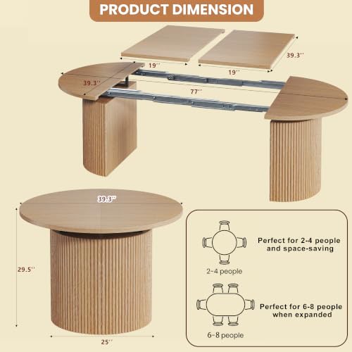 Extendable Round Dining Table, 39-77 Inch Oval Kitchen Table with Fluted Base