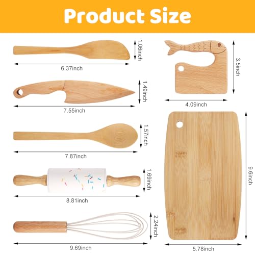 7-Piece Wooden Kids Kitchen Knife and Toddler Cooking Tool Set