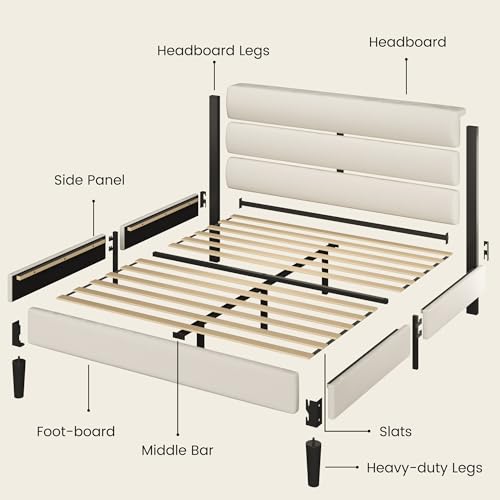 Queen Upholstered Platform Bed Frame with Velvet Headboard, Beige