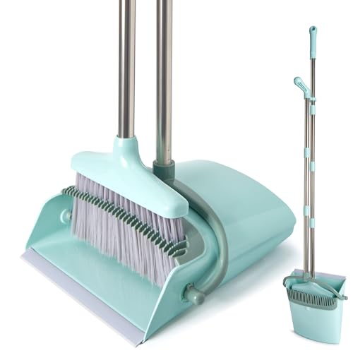 Long Handle Broom and Dustpan Set with Built-in Cleaning Teeth